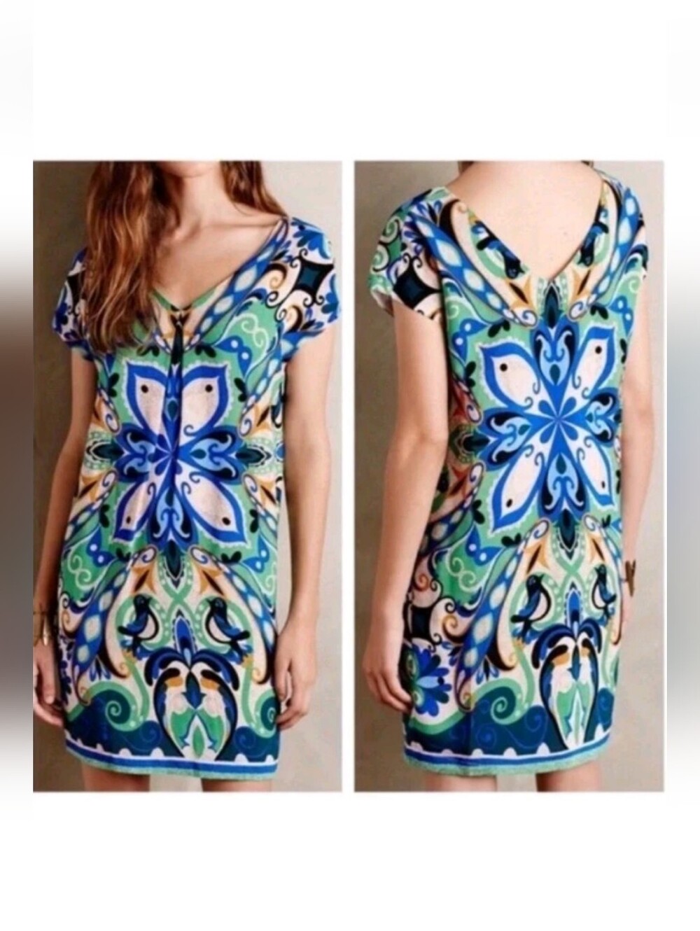 Anthropologie Maeve Dress Size L Folksong Green Bird Print Floral Shift Dress